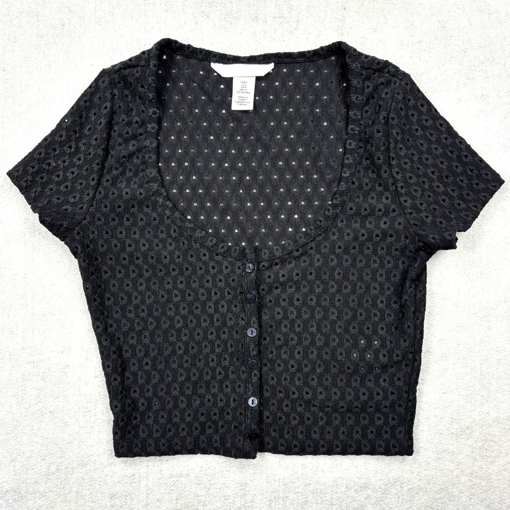 HM Top Womens Small Black Pointelle Eyelet Lace Short Sleeve Cropped Cardigan